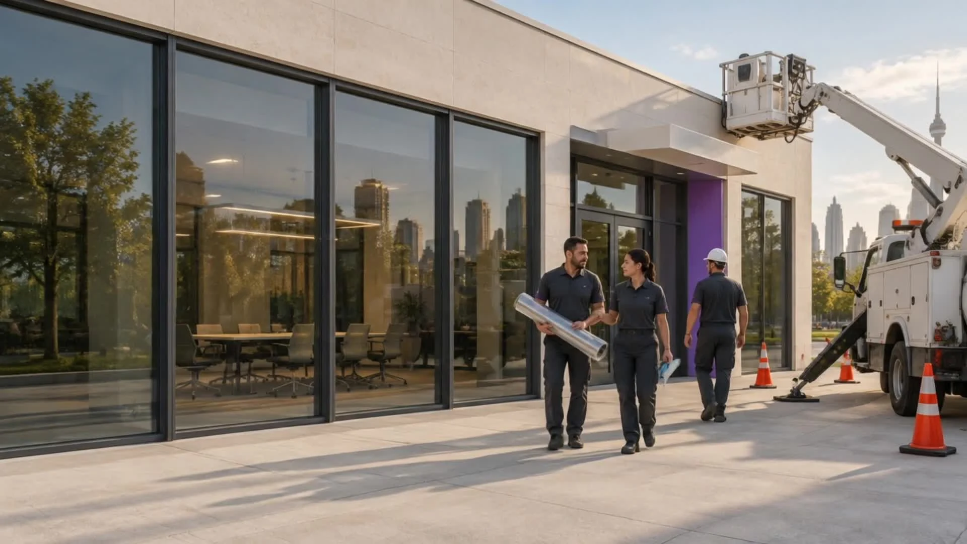 A Proferred concept film showing an installation crew, architectural glazing and a signage bucket truck.