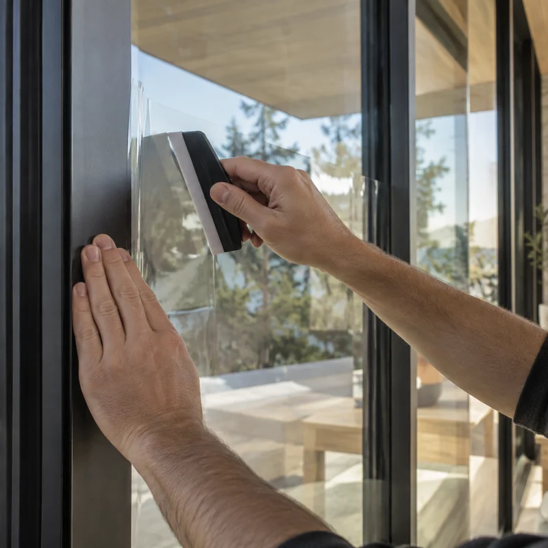 Illustration of hands smoothing clear film onto framed glass.