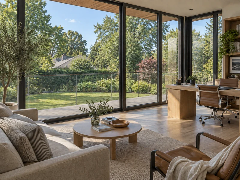 Illustrative sunlit room with architectural glazing