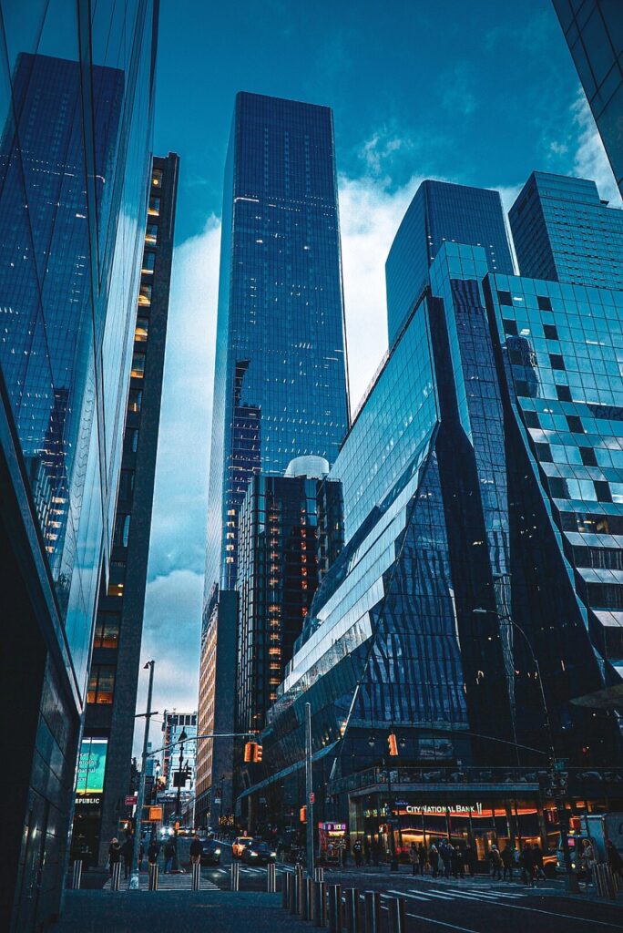 new york, nyc, usa, hudson yards, skyscraper, road, dusk, reflection, window, architecture
