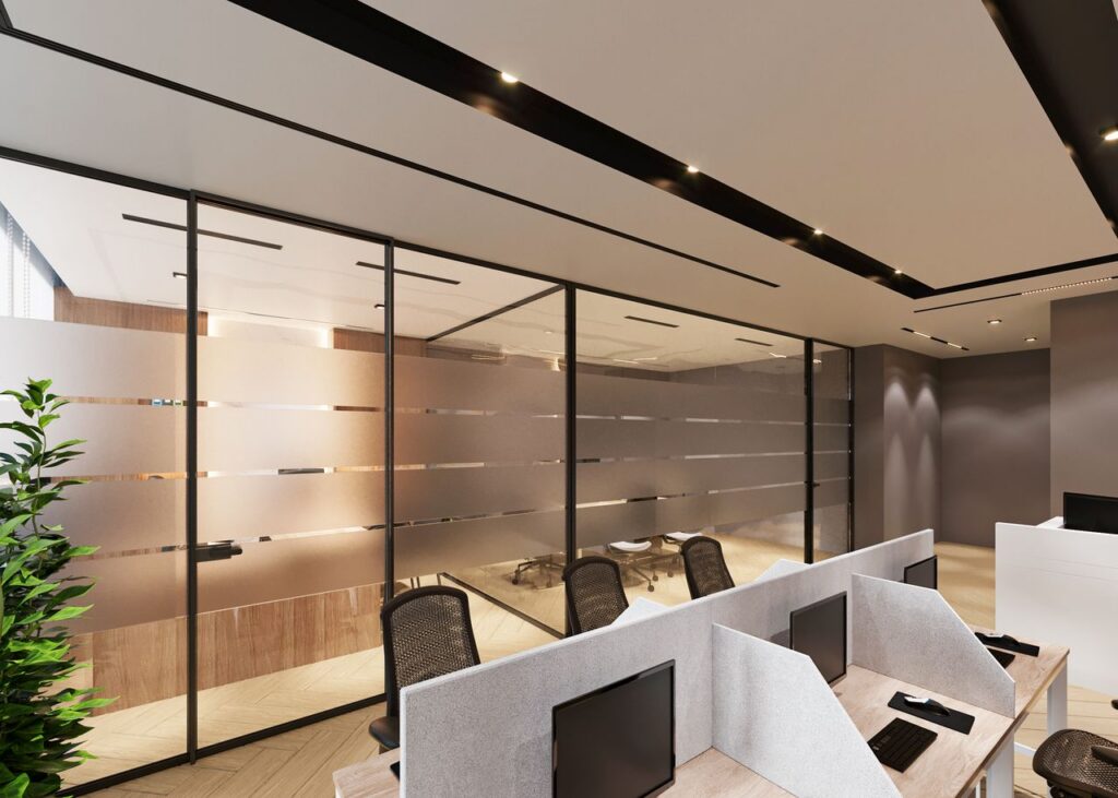 Frosted vinyl vs etched glass for office privacy in Toronto Frosted vinyl privacy film on office glass partitions